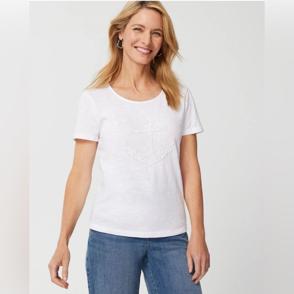 Chico’s Sequin Beaded Short Sleeve Tee Size 3 US XL White Nautical Minimalist